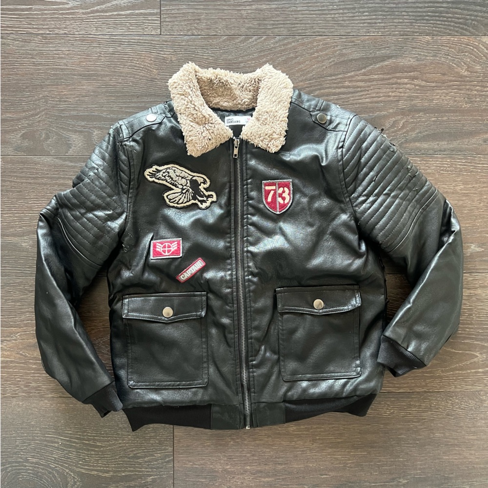 Black Faux Leather Jacket with Patches